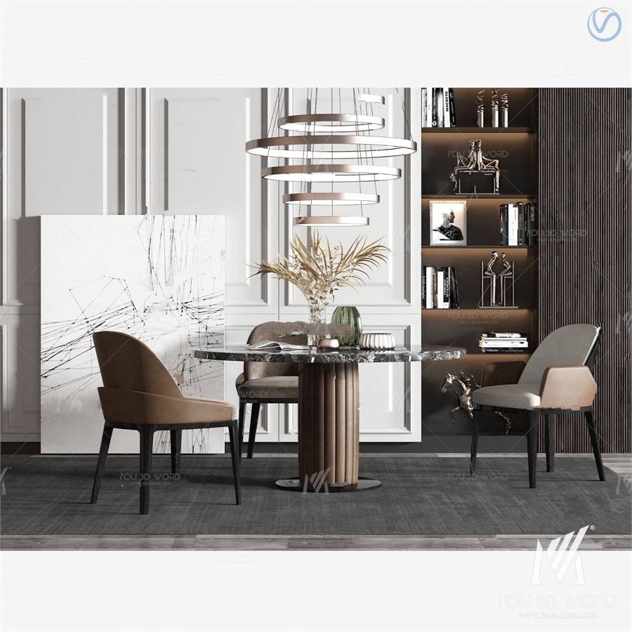 Modern light luxury round dining table and chairs 3d model